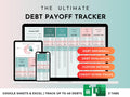 Debt Payoff Tracker, Snowball Avalanche Calculator, Credit Card Tracker, Home Loan, Student Loan, Debt-Free Planner (Google Sheets & Excel)