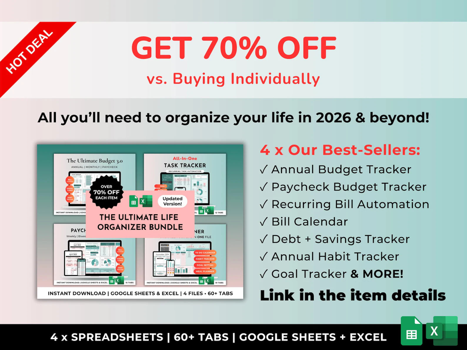 Debt Payoff Tracker, Snowball Avalanche Calculator, Credit Card Tracker, Home Loan, Student Loan, Debt-Free Planner (Google Sheets & Excel)