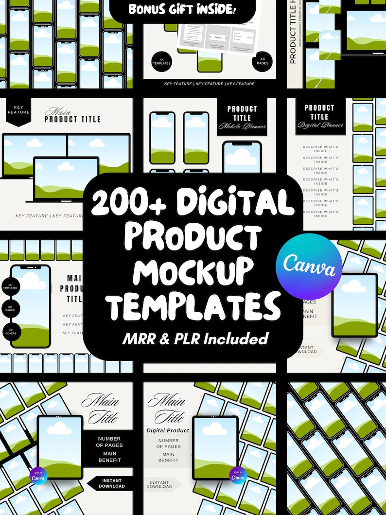 200+ Digital Product Mockup Templates with MRR PLR, Personalize Canva Templates, Social Media Manager Kit Master Resell Rights Private Label